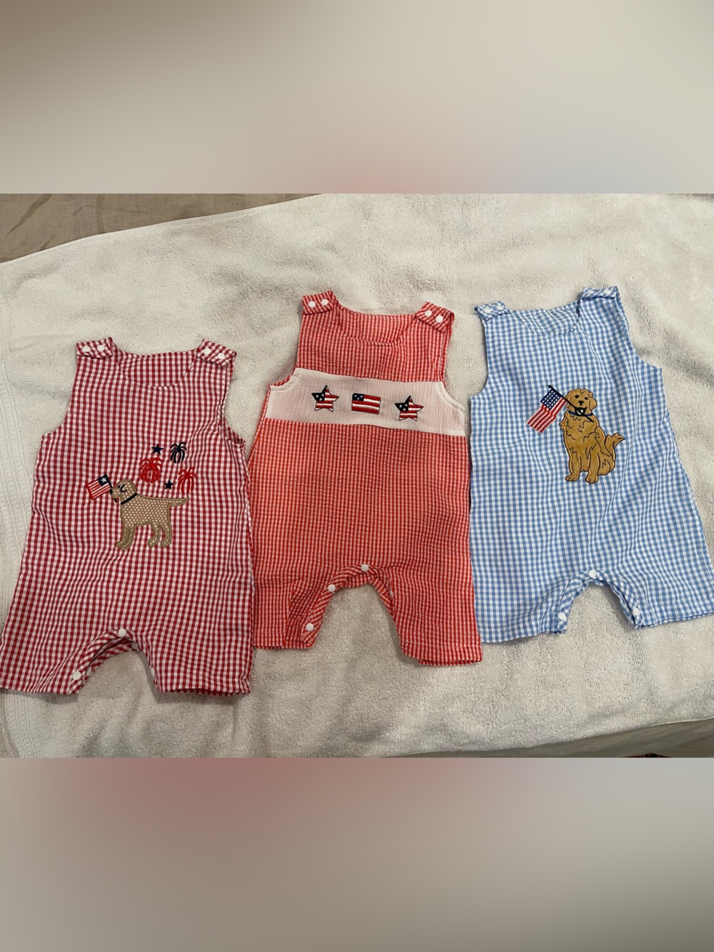Patriotic Jon Jon for July 4th Blue Gingham Puppy Dog Baby Rompers USA Lot of 3